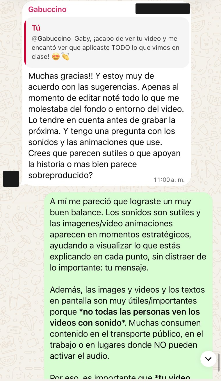 Conversación del grupo: una estudiante pregunta si sus sonidos y animaciones se ven sobreproducidos y le respondo en detalle