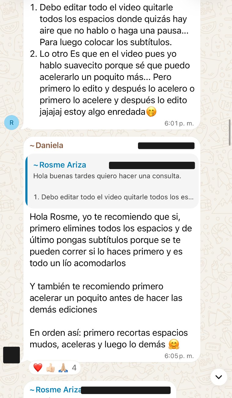 Conversación del grupo: una estudiante pregunta en qué orden editar y otra estudiante le responde paso a paso