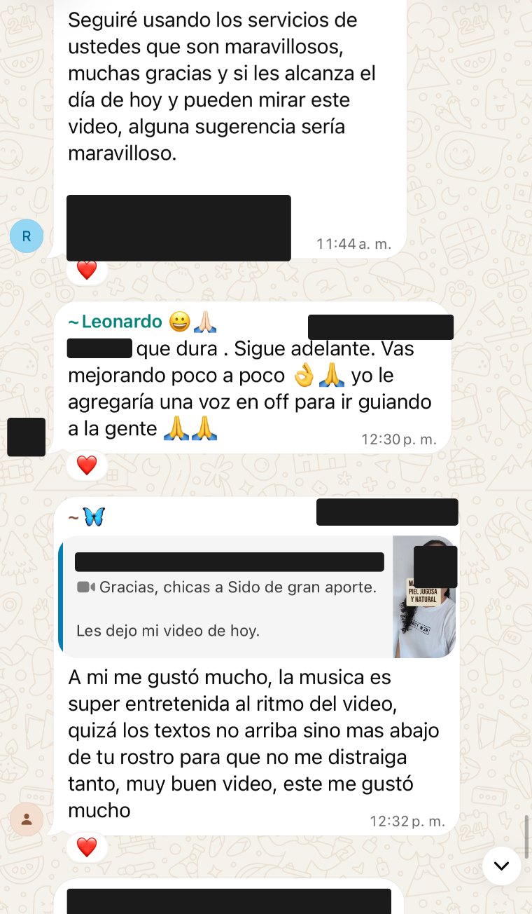 Conversación del grupo: dos compañeros le dan sugerencias a una estudiante sobre su video